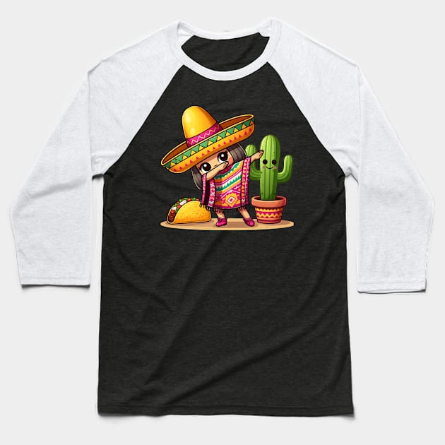 Funny Dabbing Mexican Poncho Sombrero Cinco de Mayo girl boy Baseball T-Shirt by click2print